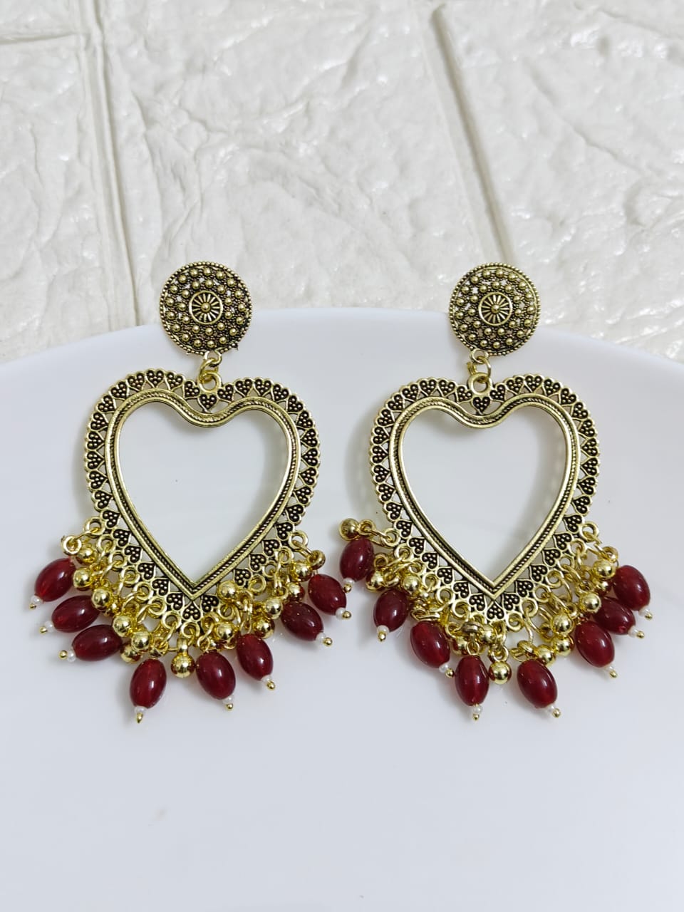 Gold Heart Maroon Beaded Jhumka Base