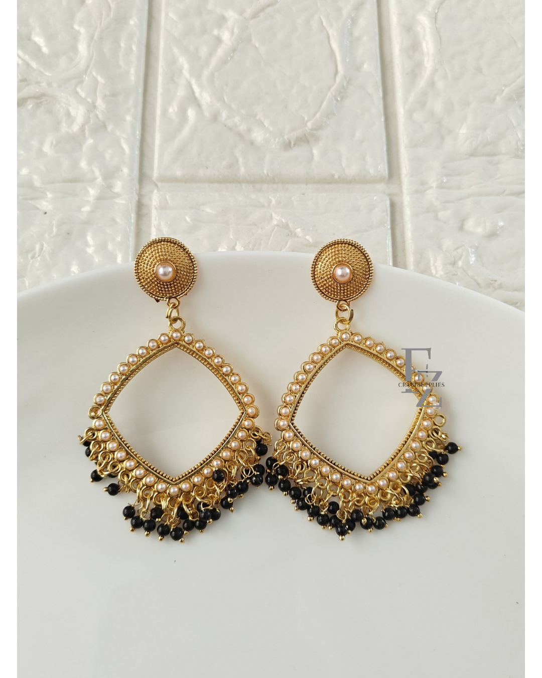 Gold Square Black Beaded Jhumka Base - 1 Pair