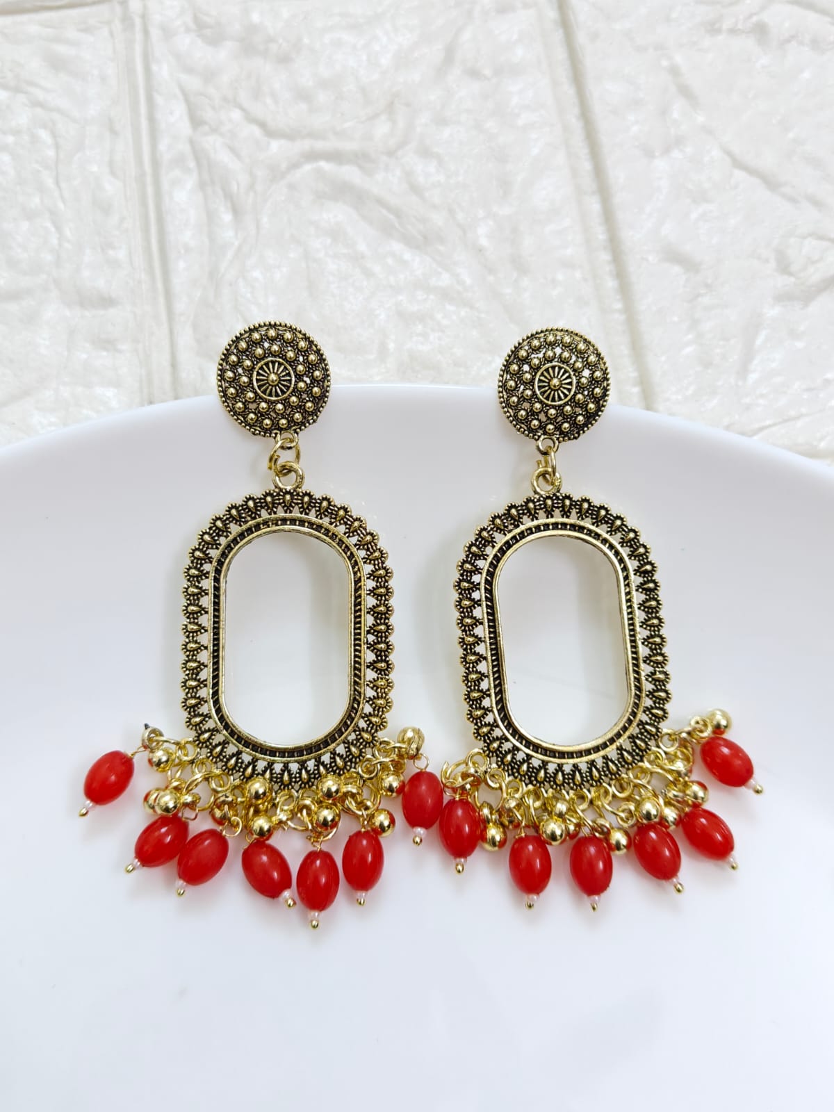 Oval Gold Red Beaded Jhumka Base