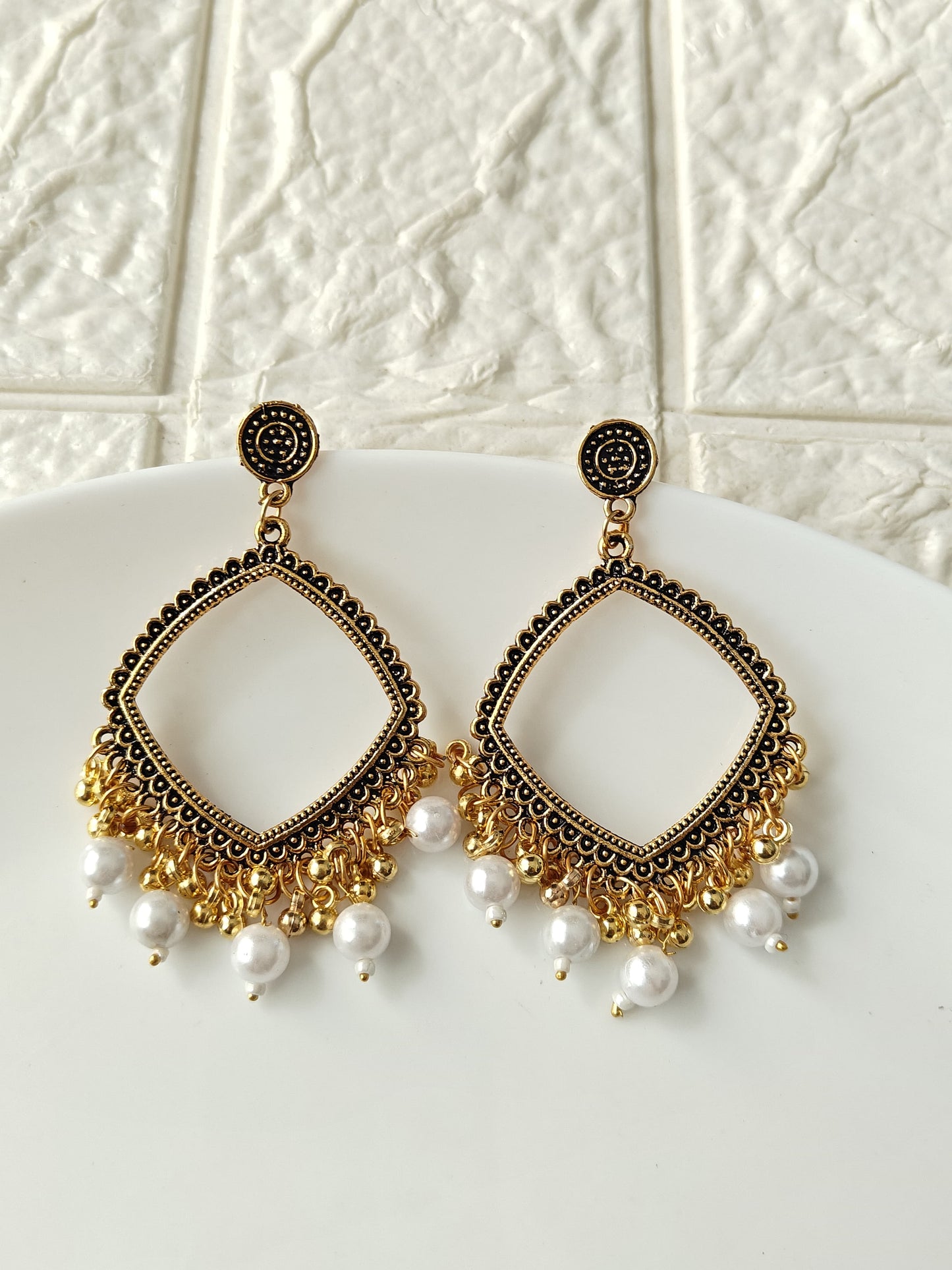 Square Gold White Beaded Jhumka Base
