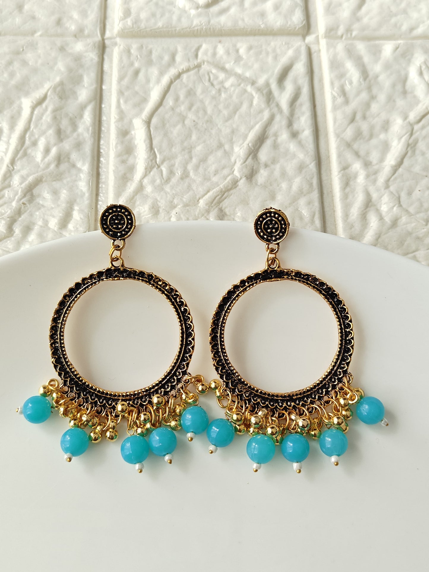 Round Gold Blue Beaded Jhumka Base