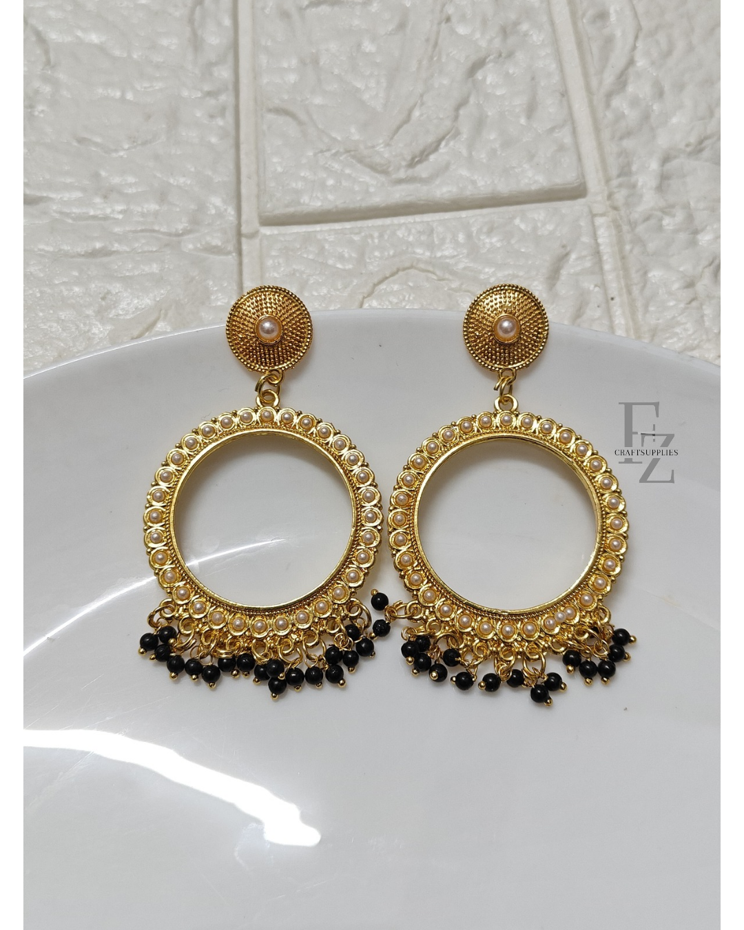 Gold Round Black Pearl Beaded Jhumka Base - 1 Pair