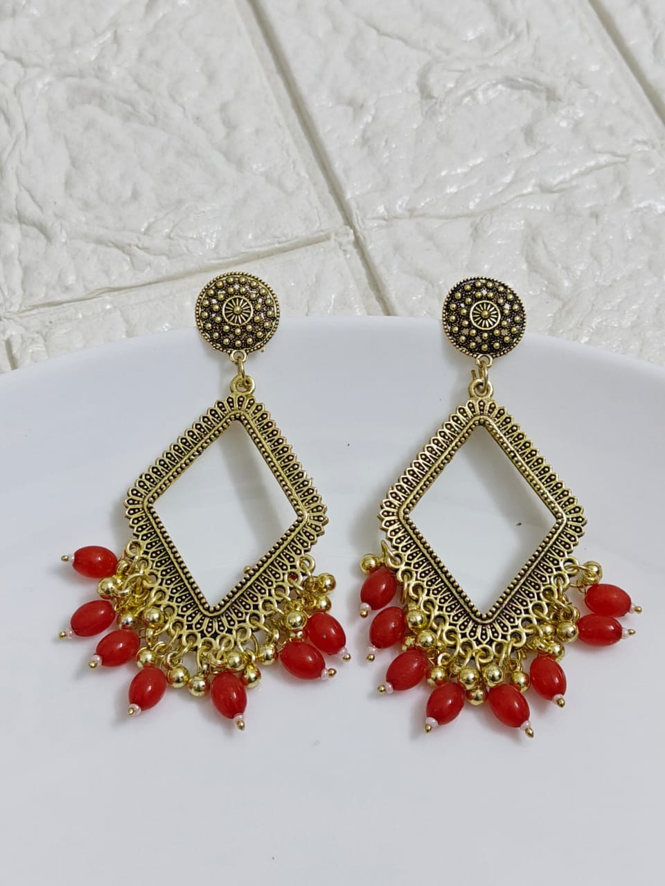Gold Rhombus Red Beaded Jhumka Base