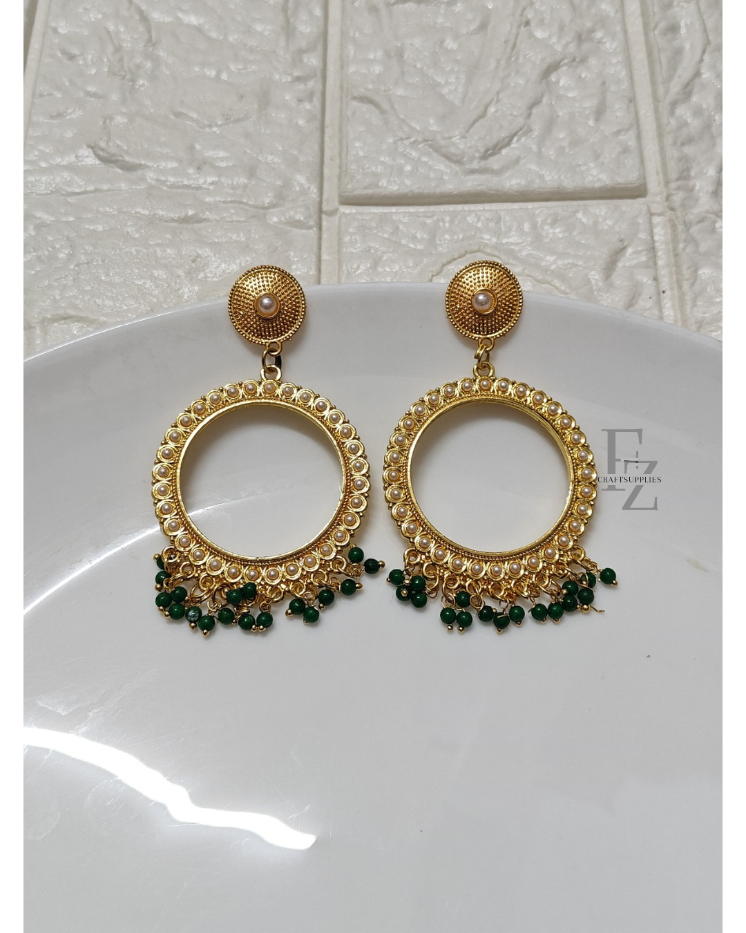 Gold Round Green Pearl Beaded Jhumka Base - 1 Pair