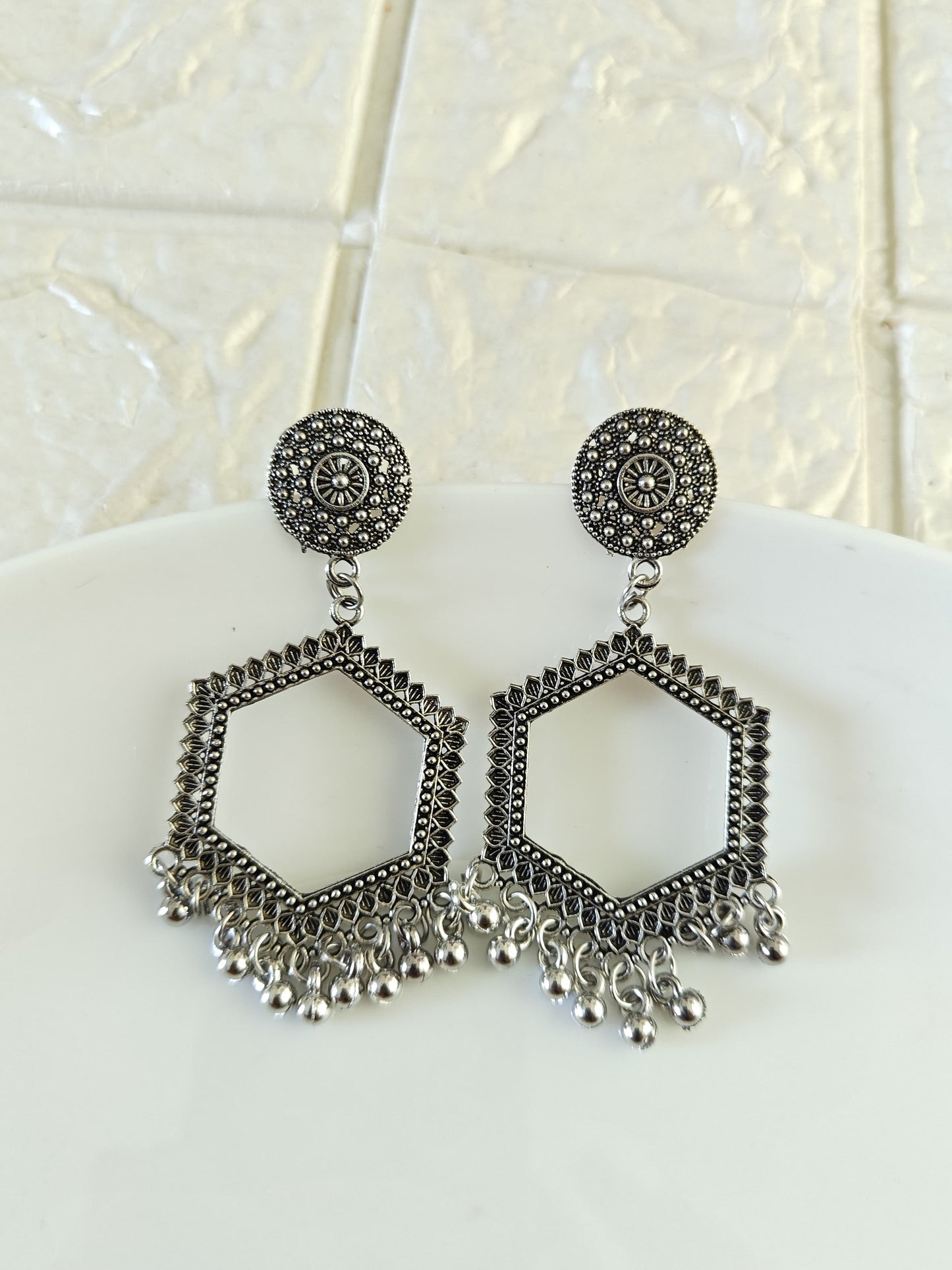 Silver Hexagon Jhumka Base - 1 Pair