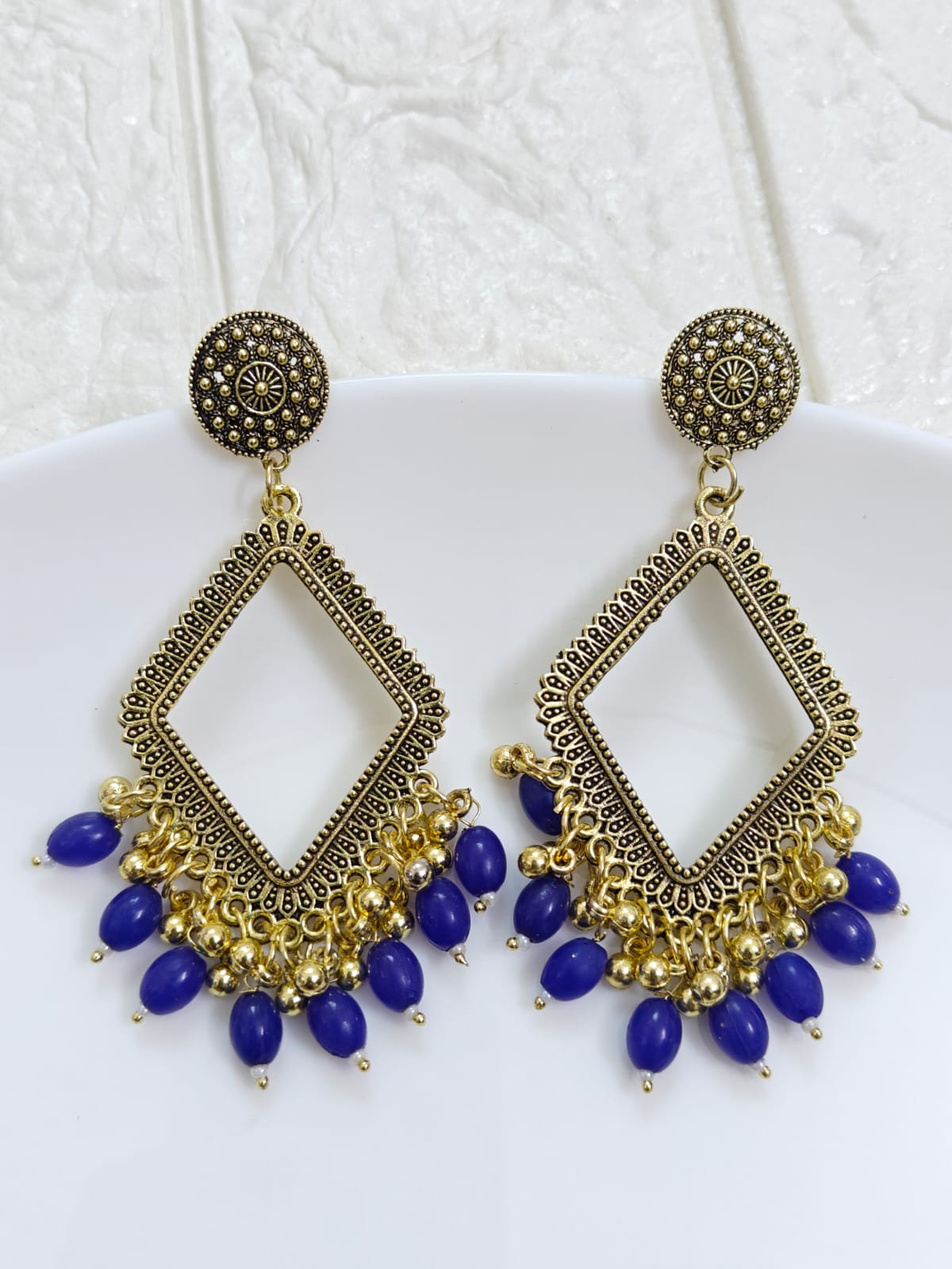 Gold Rhombus Blue Beaded Jhumka Base