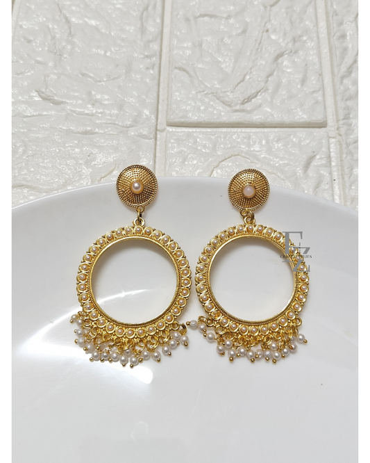 Gold Round White Pearl Beaded Jhumka Base - 1 Pair