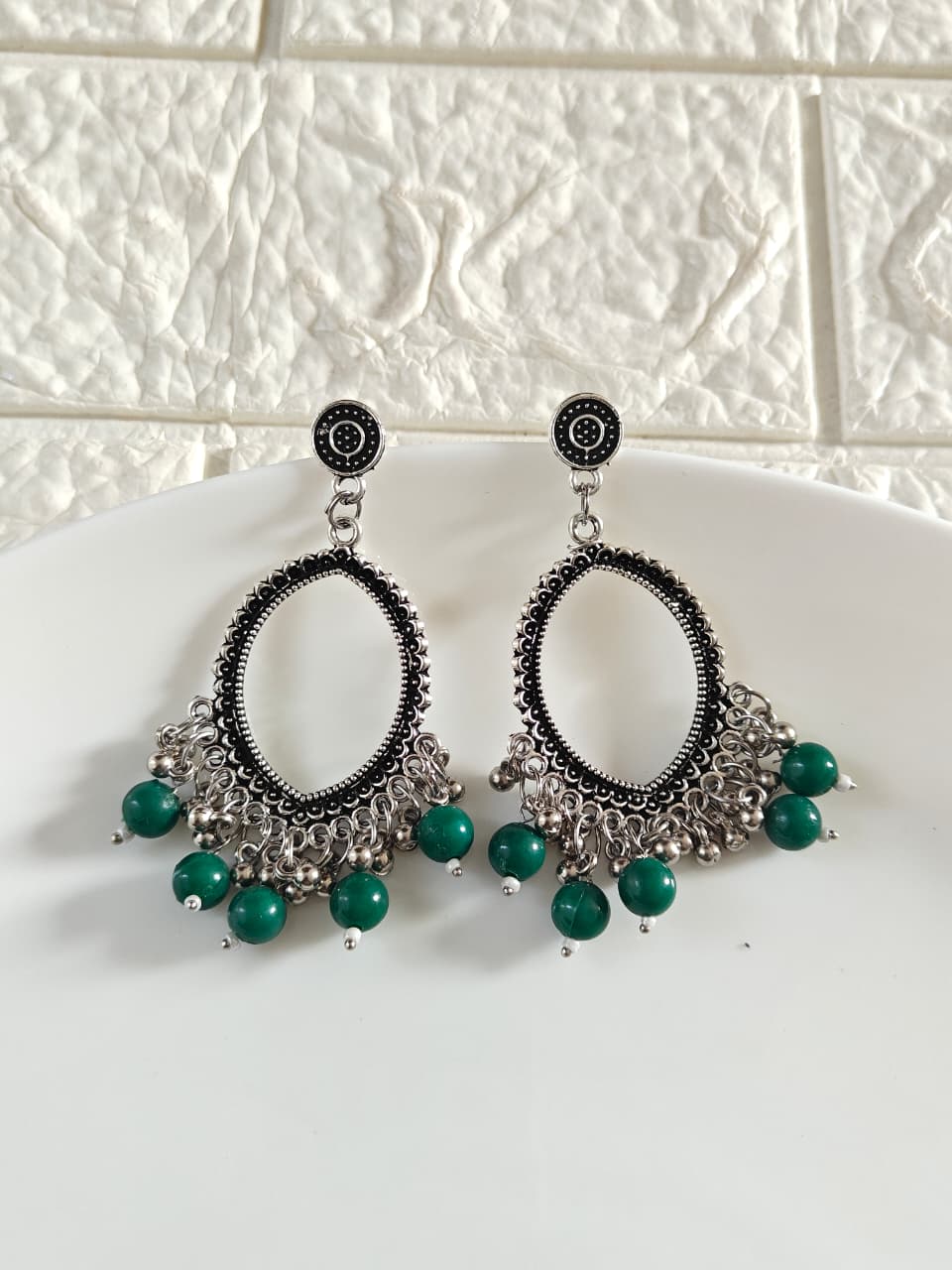 Silver Evil Eye Green Beaded Jhumka Base