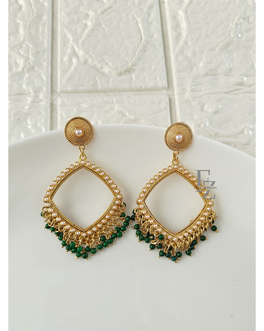 Gold Square Green Beaded Jhumka Base - 1 Pair