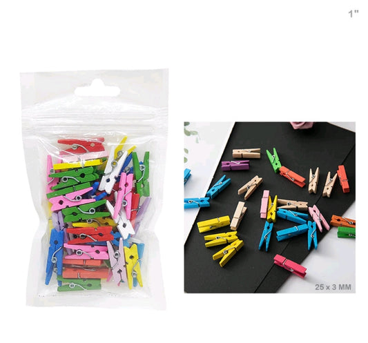 Mini 1 Inch Multi color Wooden Clips - 50pcs