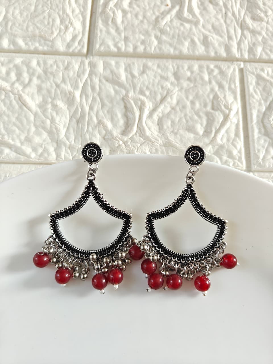 Silver Petal Maroon Beaded Jhumka Base