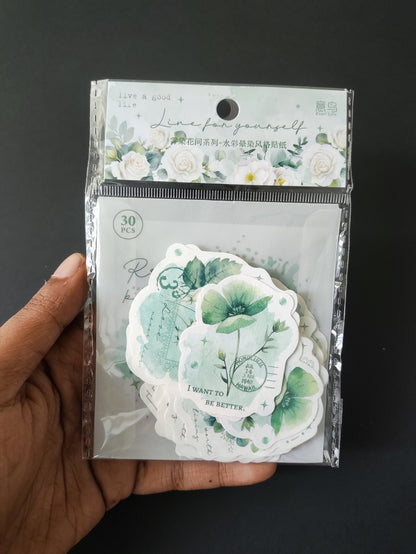 Green Blooming Flower Paper Cutout Stickers - 30 Pieces