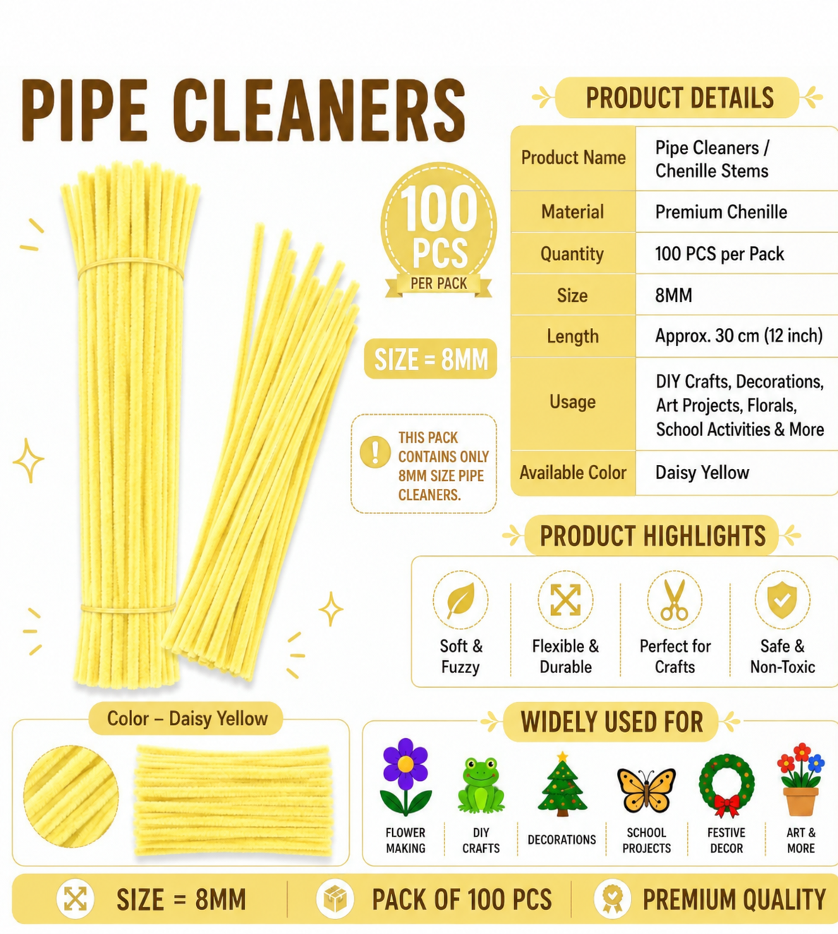 Pipe Cleaner 8MM - Daisy Yellow