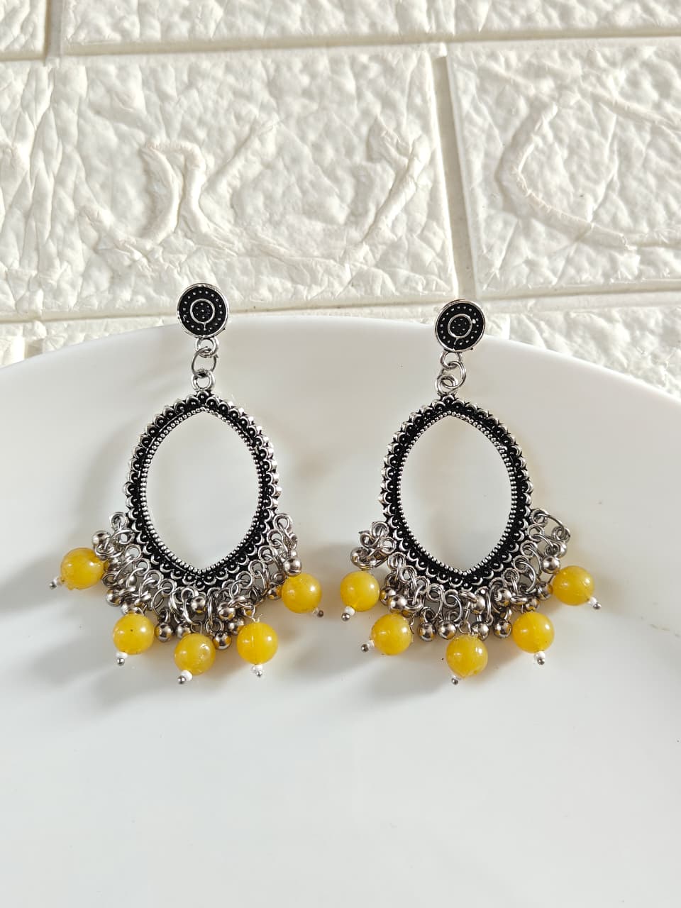 Silver Evil Eye Yellow Beaded Jhumka Base