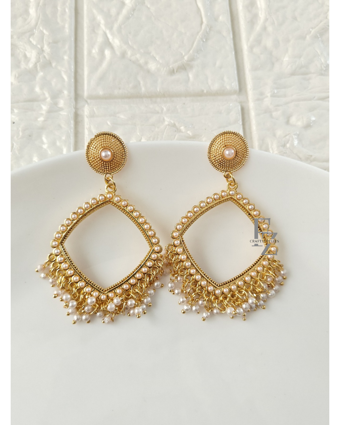 Gold Square White Beaded Jhumka Base - 1 Pair