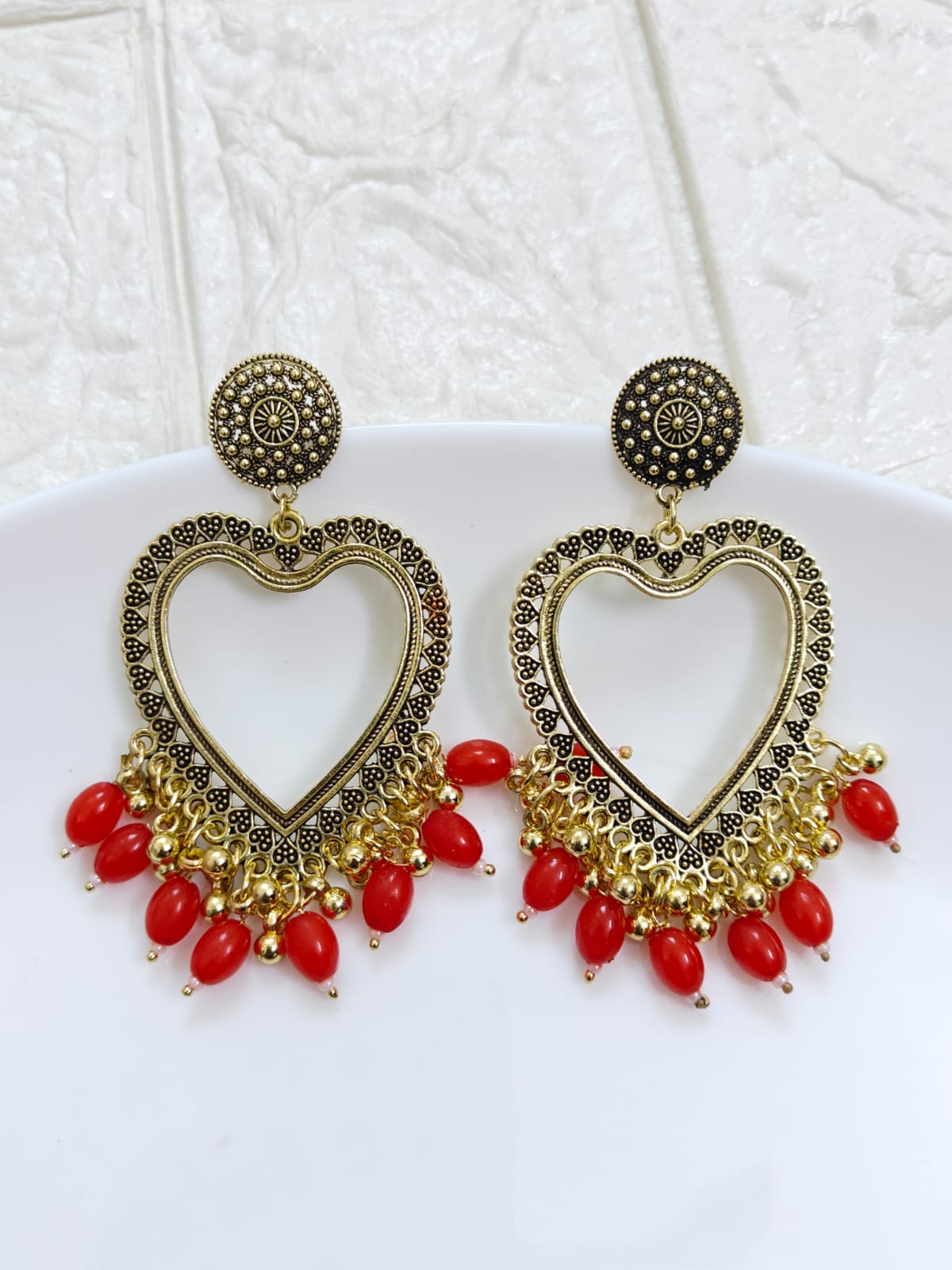 Gold Heart Red Beaded Jhumka Base