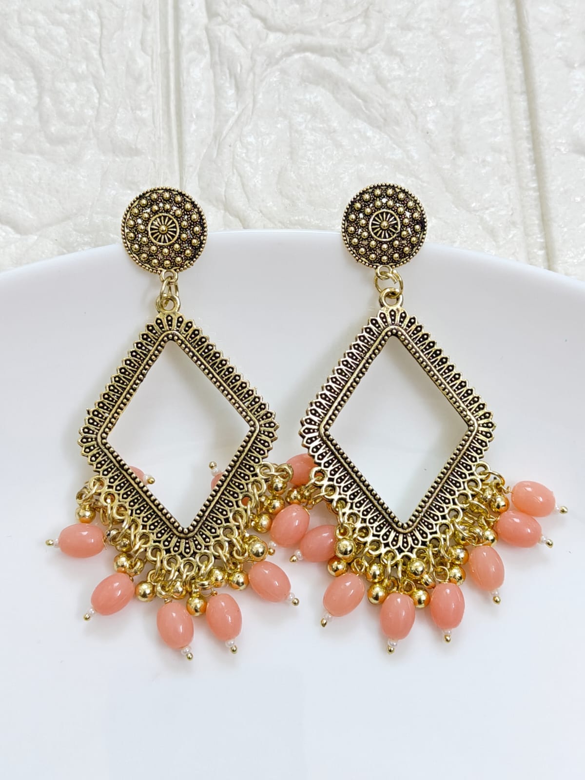 Gold Rhombus Peach Beaded Jhumka Base