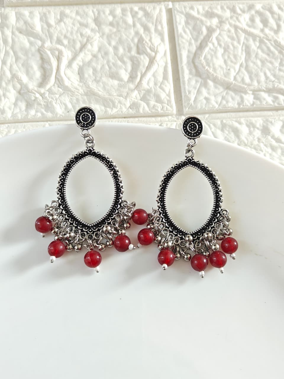 Silver Evil Eye Maroon Beaded Jhumka Base