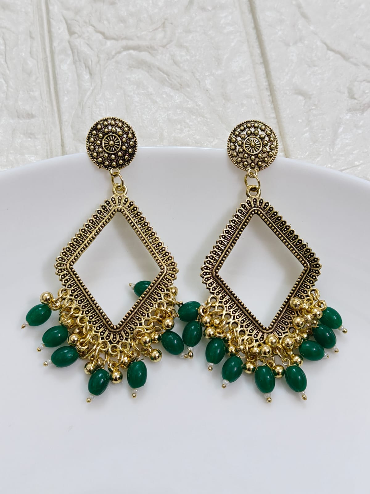 Gold Rhombus Green Beaded Jhumka Base