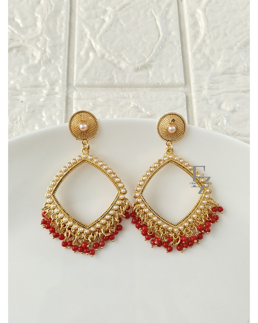 Gold Square Red Beaded Jhumka Base - 1 Pair