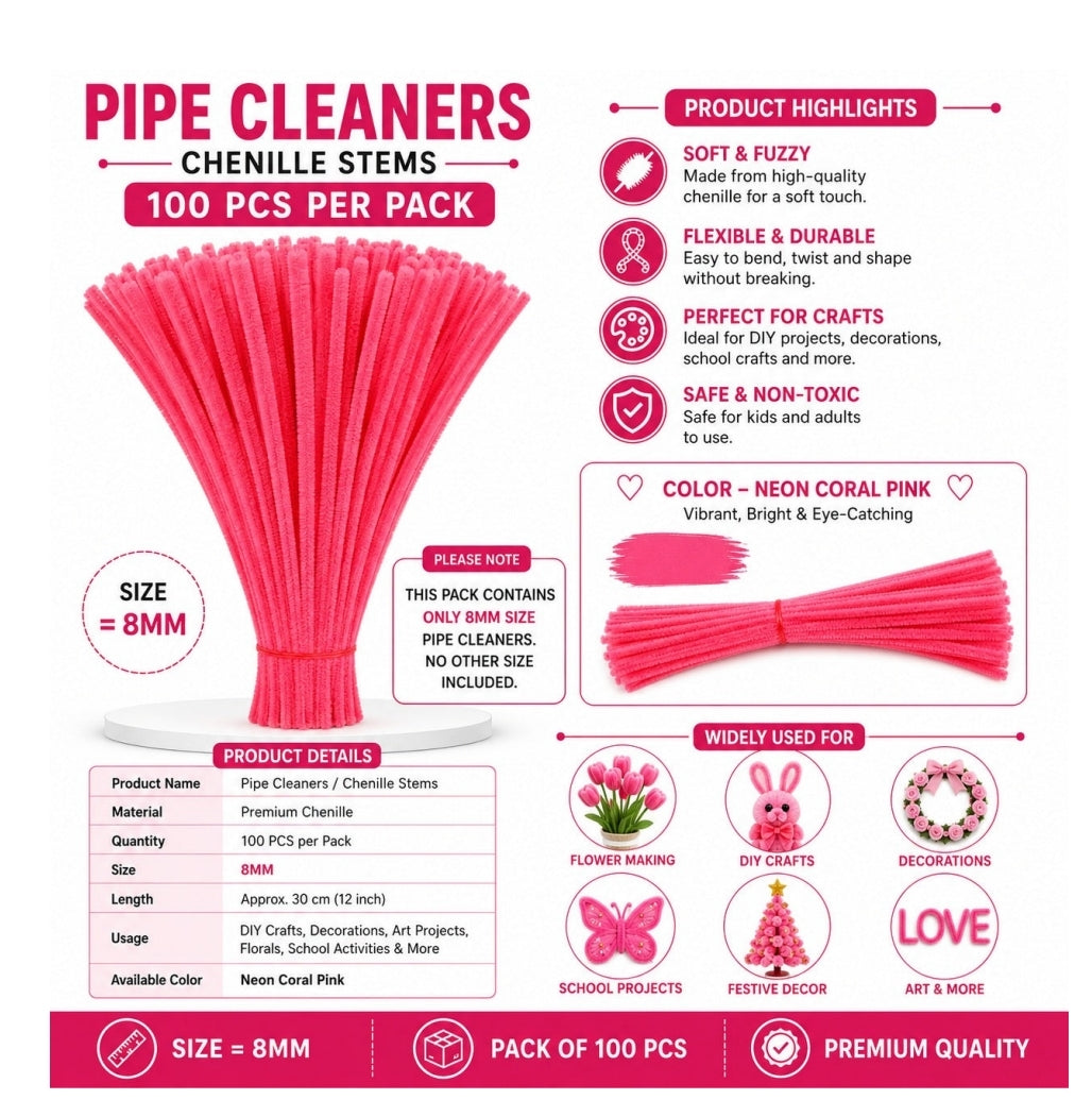 Pipe Cleaner 8MM - Neon Coral Pink