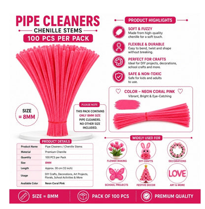 Pipe Cleaner 8MM - Neon Coral Pink