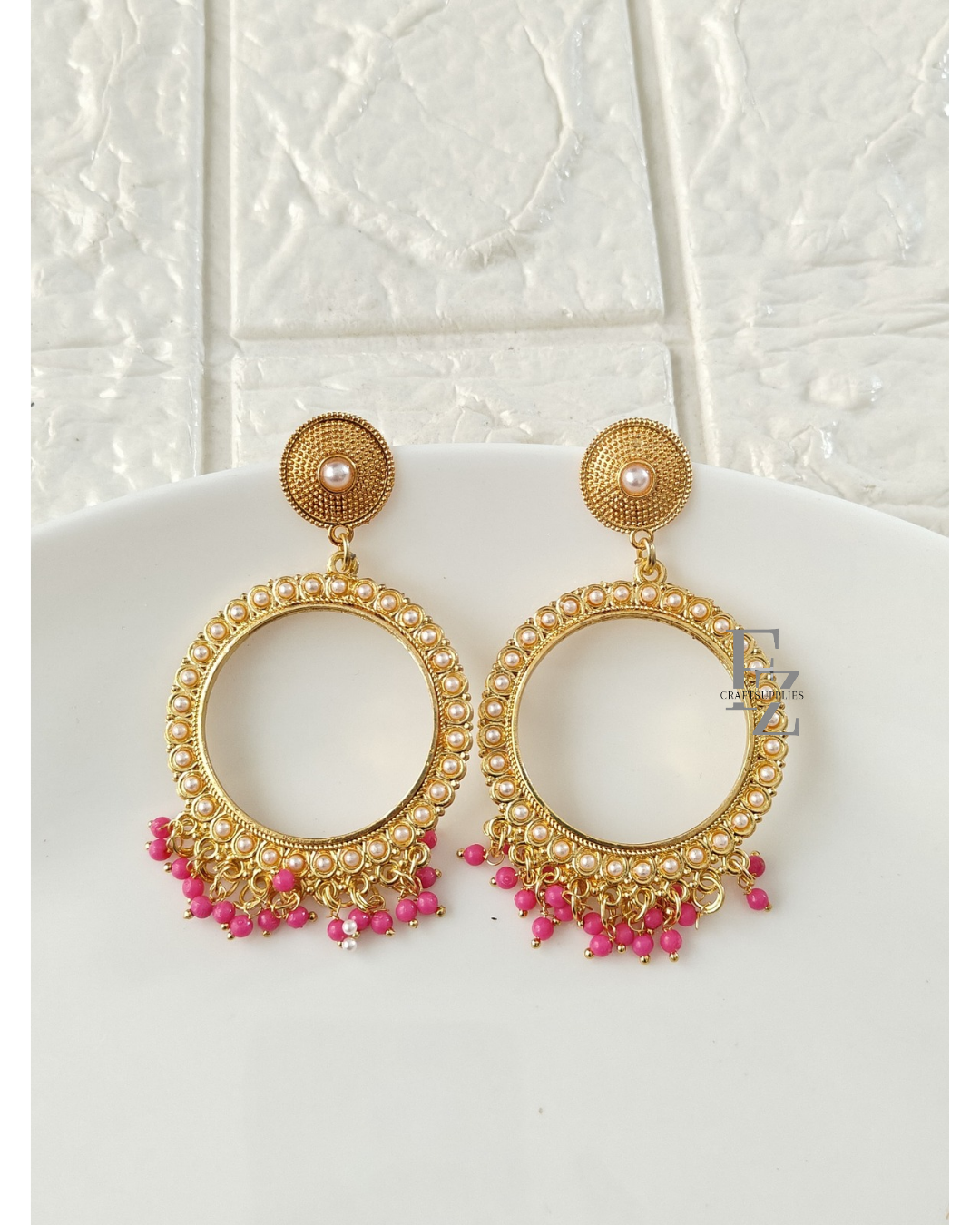 Gold Round Rani Pink Pearl Beaded Jhumka Base - 1 Pair
