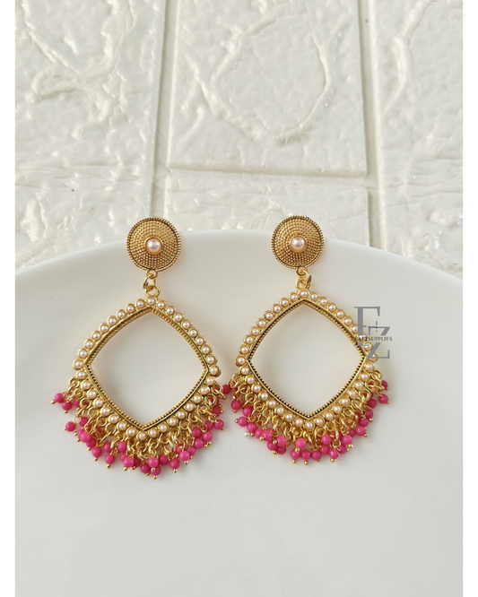 Gold Square Pink Beaded Jhumka Base - 1 Pair