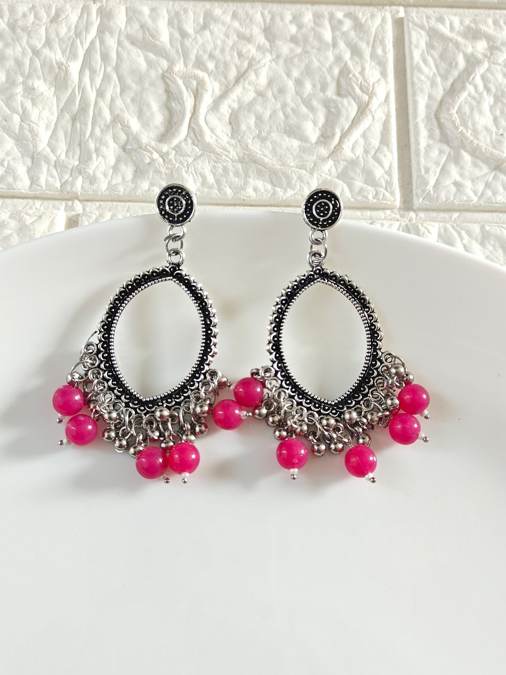 Silver Evil Eye Rani Pink Beaded Jhumka Base