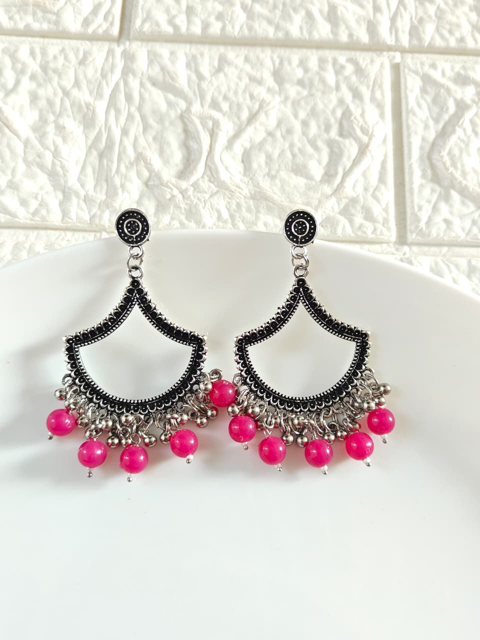 Silver Petal Rani Pink Beaded Jhumka Base